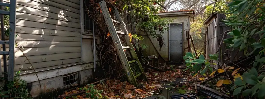 a ladder leaning against a house, surrounded by overflowing gutters clogged with leaves, in gainesville, fl.