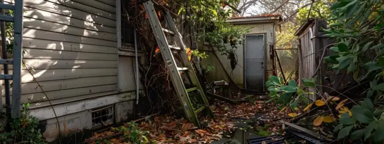 a ladder leaning against a house, surrounded by overflowing gutters clogged with leaves, in gainesville, fl.