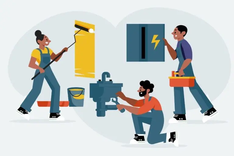 Illustration of homeowners performing maintenance tasks like painting, plumbing, and electrical repairs to prevent costly issues.