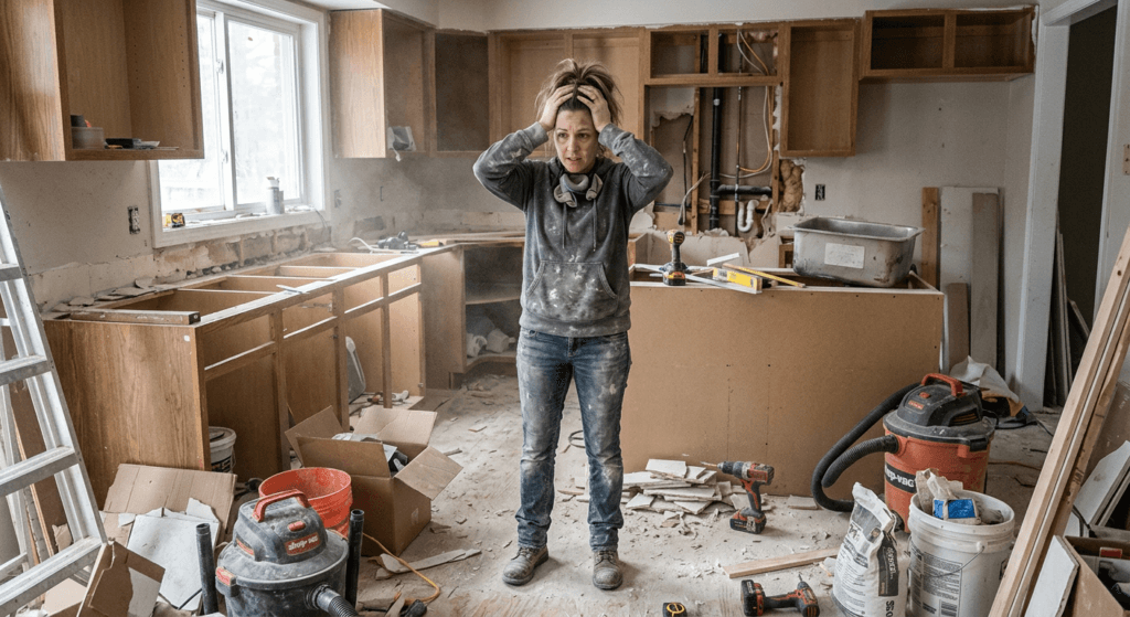 stressed homeowner in torn up kitchen mid renovation Gainesville FL