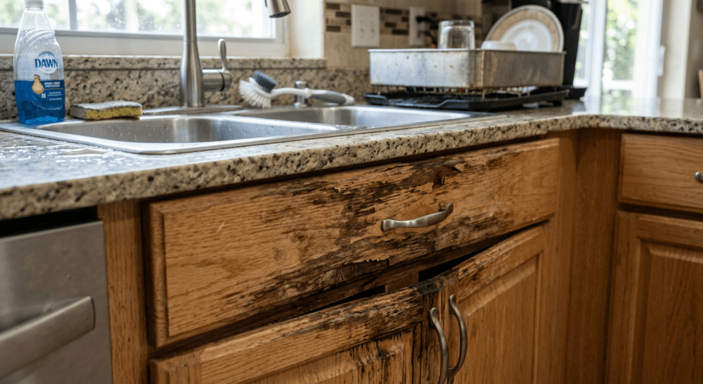 water damaged kitchen cabinet from Florida humidity and moisture